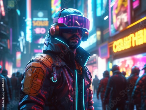Cyberpunk man standing in a crowded market street, illuminated by a neon sign, futuristic attire, high-tech visor (Genereative AI)