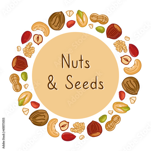 A frame with different nuts in a circle. Space for text. Vector illustration