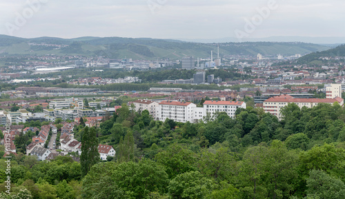 aerial panoramic cityscape with northern neighbohoods beyod park lush vegetation, Stuttagrt, Germany