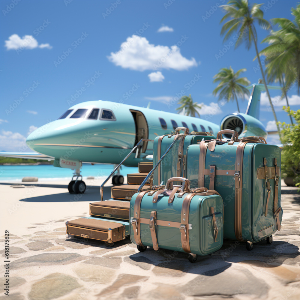 Luxury travel in private jet for super rich people, vacation suitcases stand in front of a private jet, ai generated Luxury travel in private jet for super rich people, vacation suitcases stand in front of a private jet, ai generated