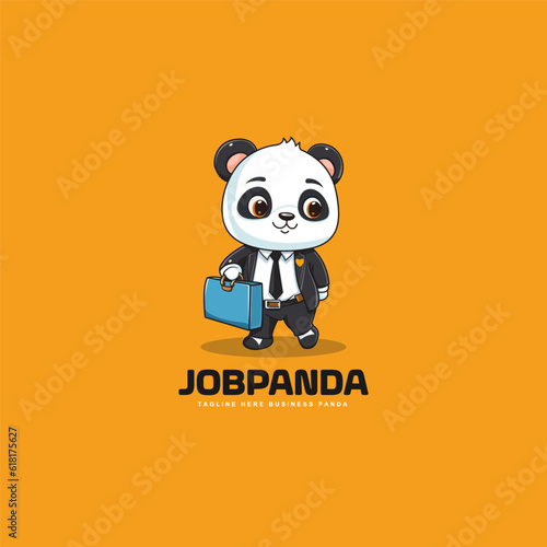 cute adorable cartoon panda wearing a suit and carrying a bag. panda wearing suit mascot logo vector illustration