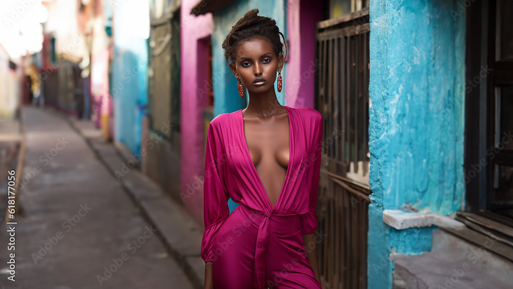 Naklejka premium Sexy Frau im pinken satin glänzenden Overall läuft durch die Stadt, ai generativ
