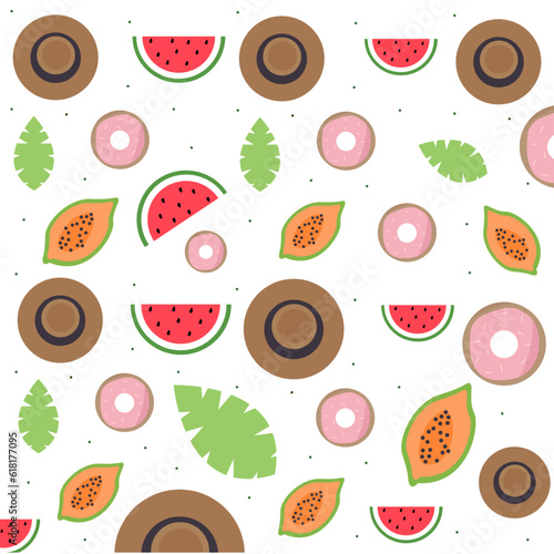 Fototapeta Naklejka Na Ścianę i Meble -  Summer pattern with hat,watermelon and donuts.Summer seamless pattern with vector elements.