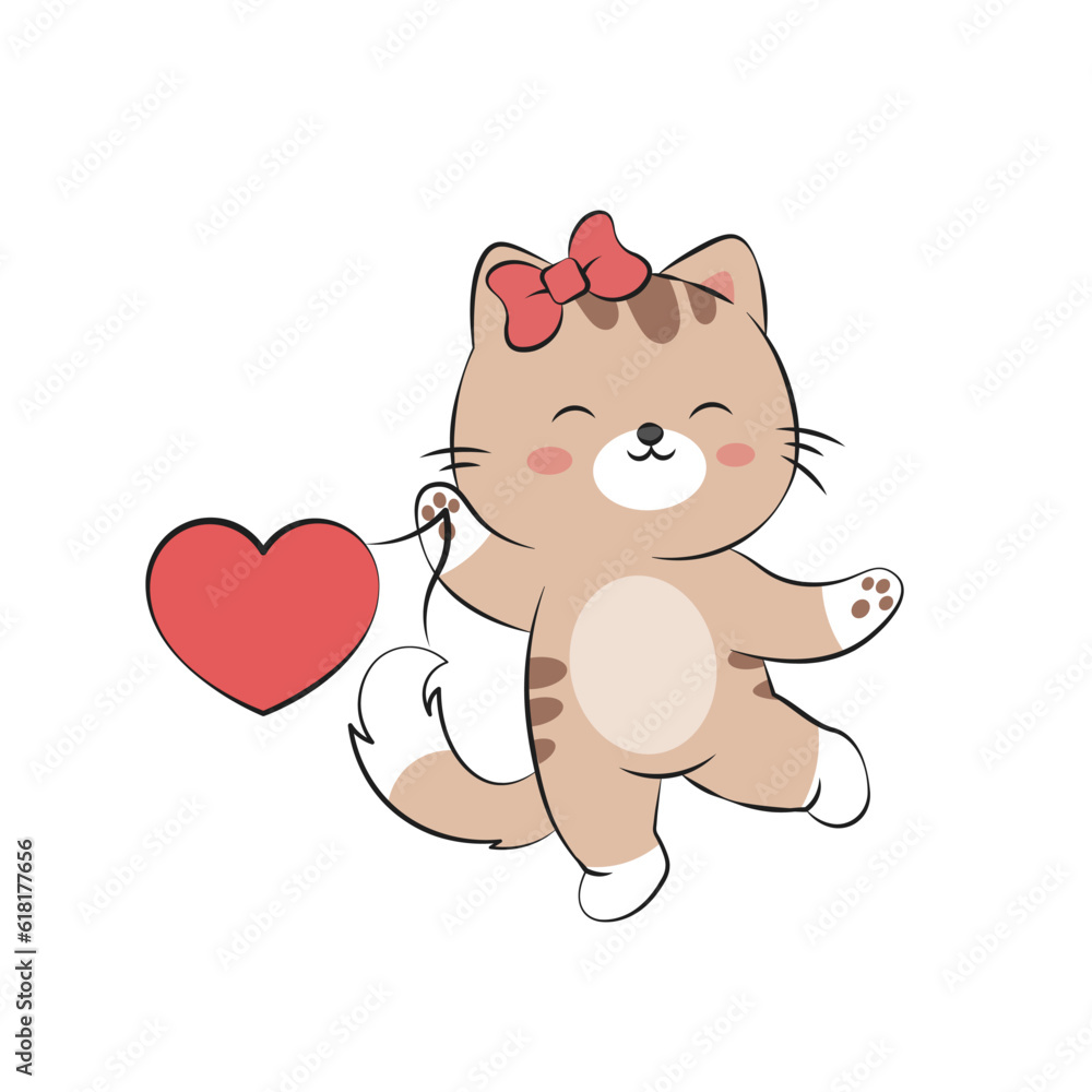 Cute cat with a love balloon. Vector illustration of a funny kitten in the doodle style. Pet animal character cartoon design. Cute illustration of a love cat Cute cat with a love balloon. Vector illustration of a funny kitten in the doodle style. Pet animal character cartoon design. Cute illustration of a love cat
