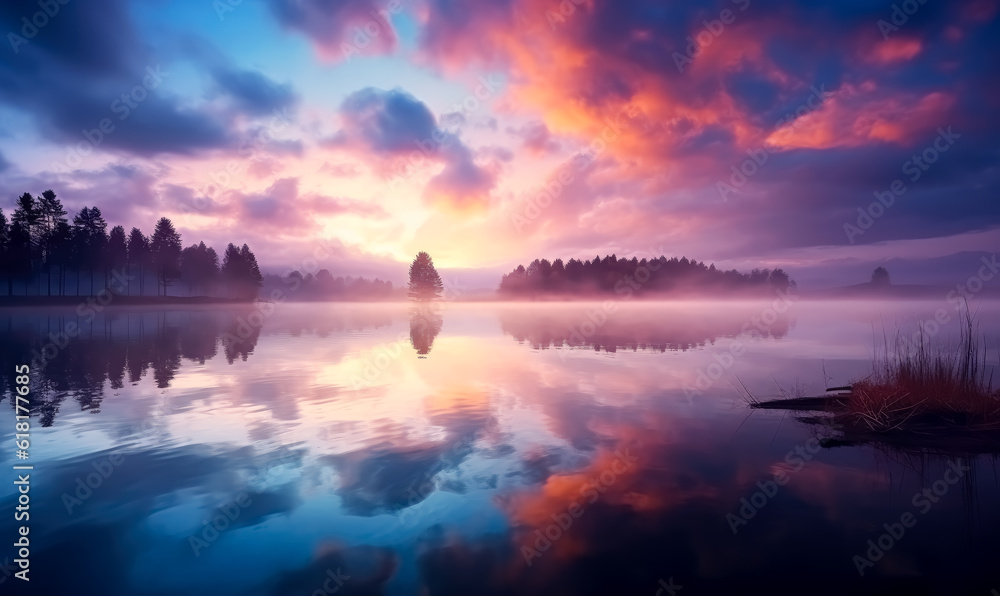 Clouds rising above the lake in a sunrise mood, in the style of realistic yet stylized, matte background, ethereal landscape, soft-edged.