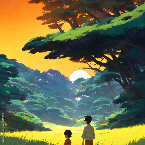 Fantasy forest, sunset light. Two people in the forest, father and son figures. AI generated illustration, cozy cartoonish style and warm colors. © tvein33