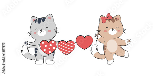 A couple of cute cats with a love balloon. Vector illustration of funny kittens in doodle style. Cartoon design with a pet character. Cute illustration of a cat in love