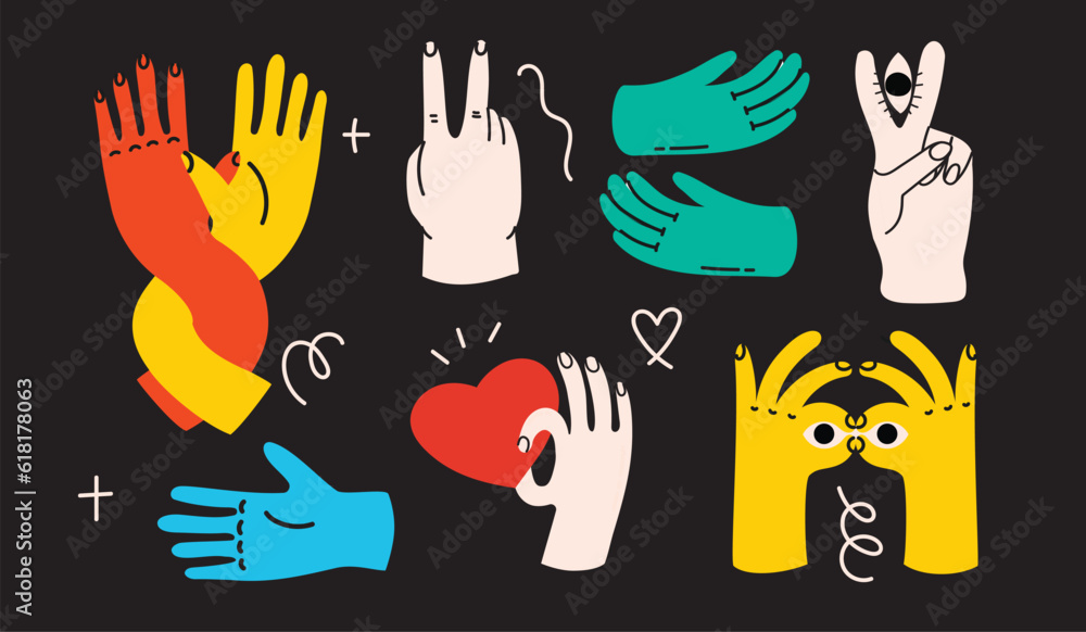 Groovy hippie set of colorful hands with different gestures. Hands with heart, eyes, together hands and etc. Hand drawn vector illustration. Groovy hippie set of colorful hands with different gestures. Hands with heart, eyes, together hands and etc. Hand drawn vector illustration.