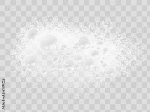 Soapy water with bubbles, foam from detergent or shower gel, shampoo or cosmetic products. Vector cleanliness and washing ingredients for household. Bubbly liquid isolated on transparent background