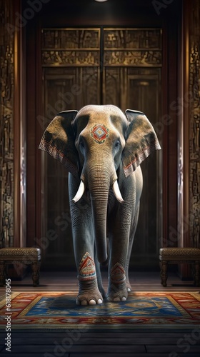 A big elephant stand in a room in dark background. Generative ai.