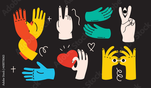 Groovy hippie set of colorful hands with different gestures. Hands with heart, eyes, together hands and etc. Hand drawn vector illustration.