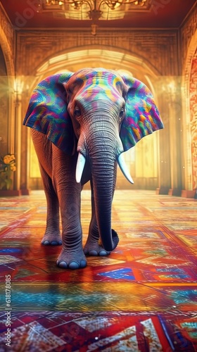 A big elephant stand in a room in colorful background. Generative ai.