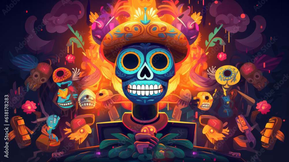 Colorful day of the dead illustration with skeleton close-up