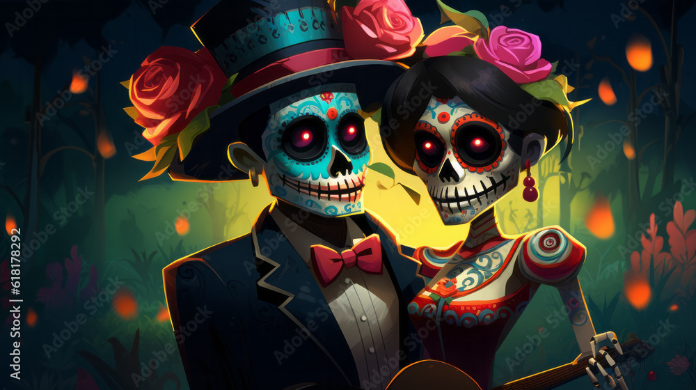 Colorful day of the dead illustration with skeleton couple dancing ...