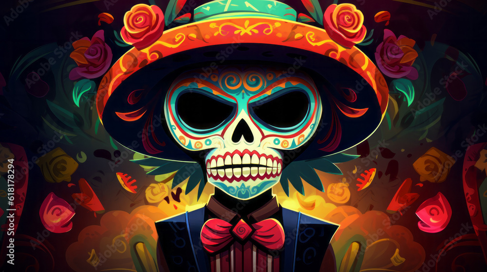 Colorful day of the dead illustration with skeleton close-up Colorful day of the dead illustration with skeleton close-up