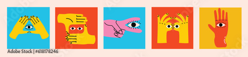 Groovy hippie set of colorful hands with different gestures. Hands with heart, eyes, together hands and etc. Hand drawn vector illustration.