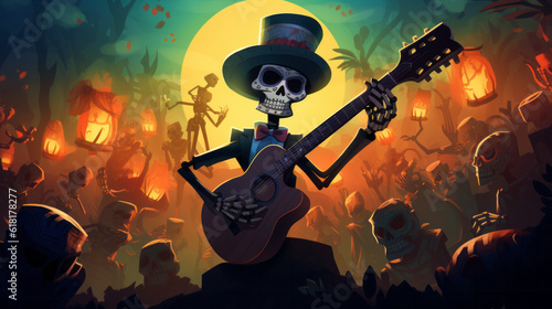 Colorful day of the dead illustration with skeleton playing music