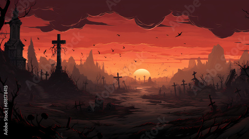 Illustration with silhouette of an abandoned cemetery with cross graves and red sunset