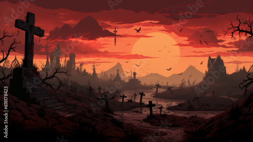 Illustration with silhouette of an abandoned cemetery with cross graves and red sunset