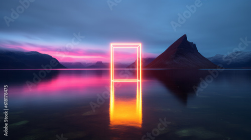 Neon square hovering over the middle of a lake with mountain in the back in a minimalistic setting