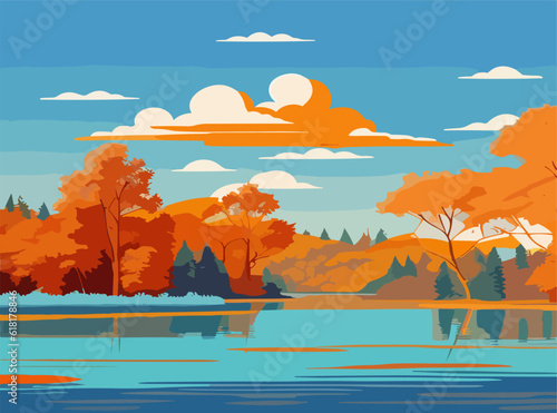 Vector illustration Autumn landscape golden alley park of birches near a pond , contemporary art impressionism abstract landscape.