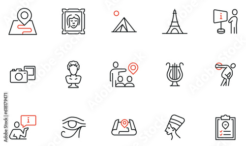 Vector Set of Linear Icons Related to Exhibition, Museum and Art Gallery. Mono Line Pictograms and Infographics Design Elements - part 2