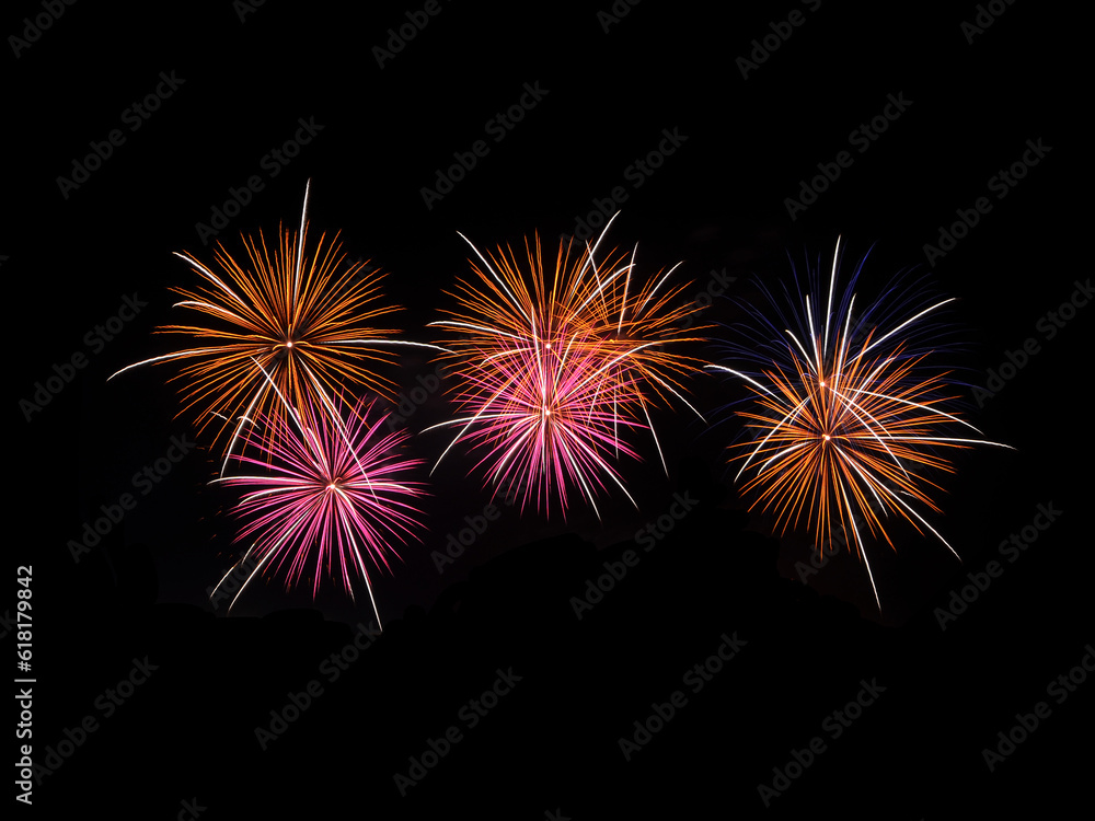 The night sky will light up with firework shows on black background, New year celebration.