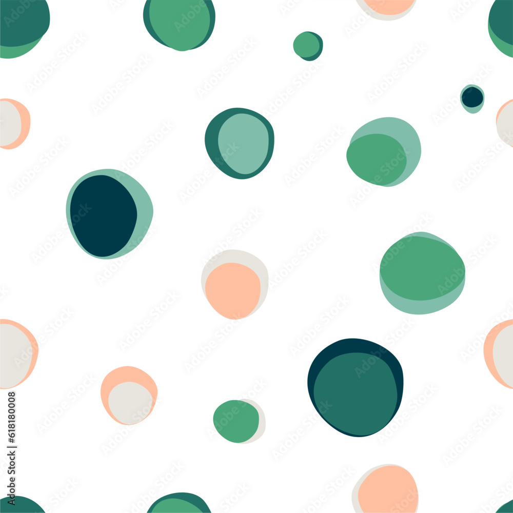 White background with green and pink dots. Seamless hand-drawn pattern. White background with green and pink dots. Seamless hand-drawn pattern.