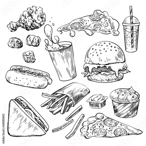 Set of fast food. Hand drawn hamburger, french fries, hot dog, coffee, soda, sauce, pizza, nuggets, sandwich, burger, ice cream. Sketch style collection of street food isolated in white background