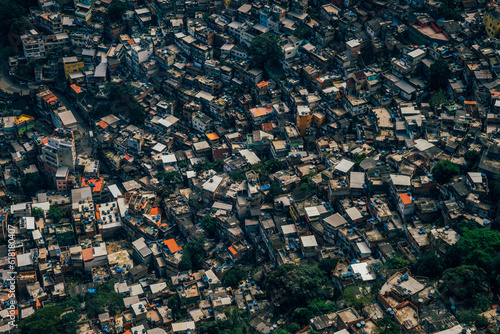 Favela slum located within downtown seen from aerial Mountain view in Rio de Janeiro, Brazil  photo