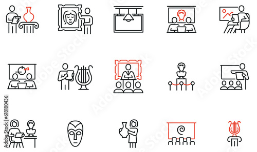 Vector Set of Linear Icons Related to Art Presentation,  Educational Lecture, Seminar and Auction. Mono Line Pictograms and Infographics Design Elements