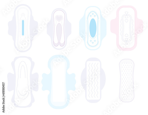 Different sanitary pads on white background. Feminine hygienic napkins. Personal hygiene elements for menstruation. Different sizes and forms of absorbent pad for woman. Vector illustration.