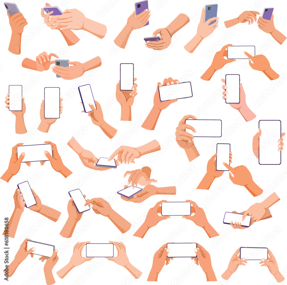 Set of Hand holding mobile phone horizontally and vertically with copy space or blank screen. Illustration vector set in flat style isolated. Female and male touching smartphone display with finger. Set of Hand holding mobile phone horizontally and vertically with copy space or blank screen. Illustration vector set in flat style isolated. Female and male touching smartphone display with finger.
