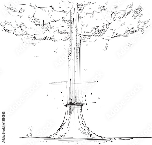 Dinosaur looks on at giant erupting volcano