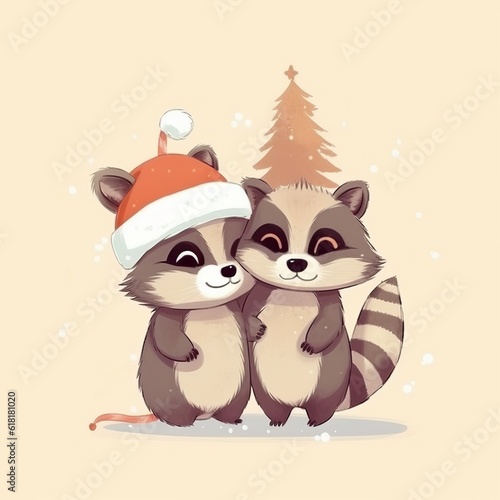  A raccoon in a Christmas hat with a gift in its paws. illustrative minimalistic image. Concept  greeting card for christmas and new year. Generative AI