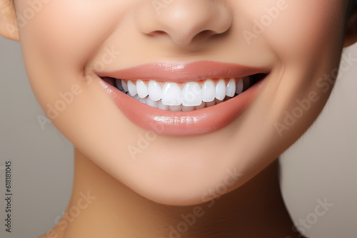 A close - up image of a woman's mouth ,perfect white smile and white teeth. photo