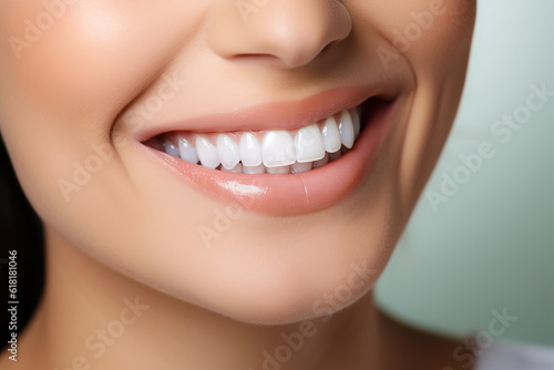 A close - up image of a woman's mouth ,perfect white smile and white teeth.