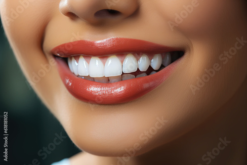 A close - up image of a woman s mouth  perfect white smile and white teeth.