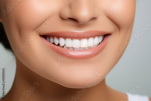 A close - up image of a woman s mouth  perfect white smile and white teeth.
