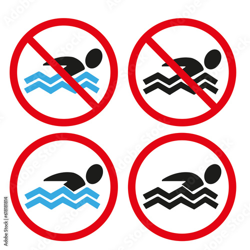 Icono de prohibido nadar sobre un fondo blanco liso y aislado. Vista de frente y de cerca photo