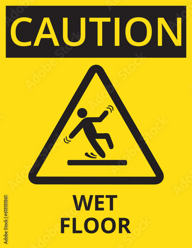 Icono precaución suelo mojado en color negro y amarillo. Vista de frente. Vector photo