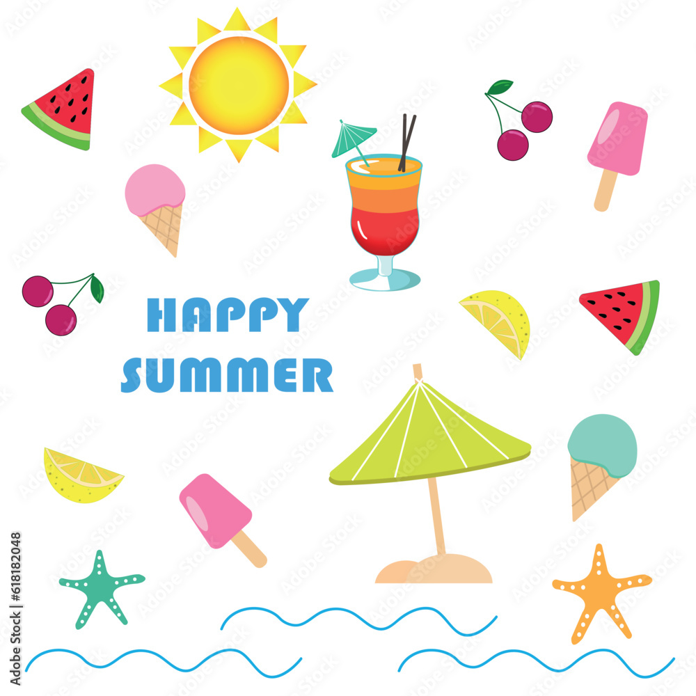 Set of cute summer elements, icons isolated on white background: fruits, drinks and ice cream. Summer season poster, beach holiday. Set of cute summer elements, icons isolated on white background: fruits, drinks and ice cream. Summer season poster, beach holiday.