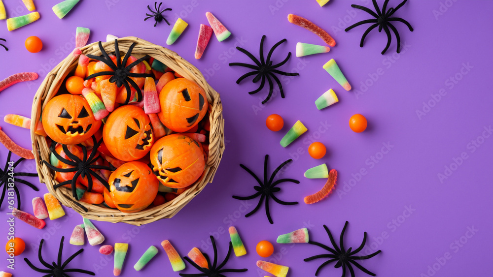 Halloween decorations pumpkin basket in top view with candies and spiders on a purple background Halloween decorations pumpkin basket in top view with candies and spiders on a purple background