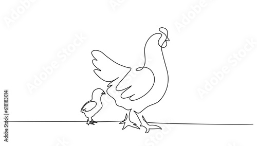 Foto Continuous line art or One Line drawing of chicken for vector illustration, business farming