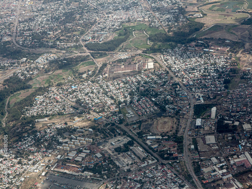 High aerial view of Addis Ababa, capital city of Ethiopia.