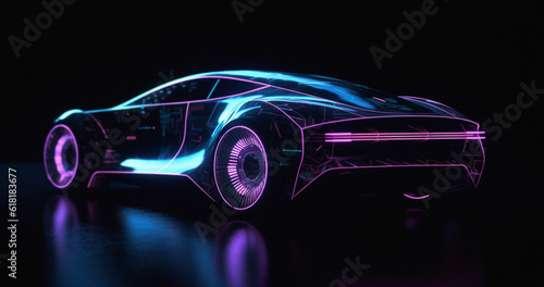 Sci fi, future and design with car on background for electrical, luxury and lighting. Ai generated, art and cyberpunk with futuristic vehicle driving for innovation, technology and transportation © Joel/Peopleimages - AI