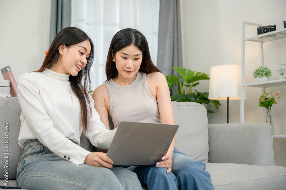 Two happy young women looking at laptops sitting on the sofa in the living room at home. and work online with a laptop computer Friends are excited about online shopping. Two happy young women looking at laptops sitting on the sofa in the living room at home. and work online with a laptop computer Friends are excited about online shopping.