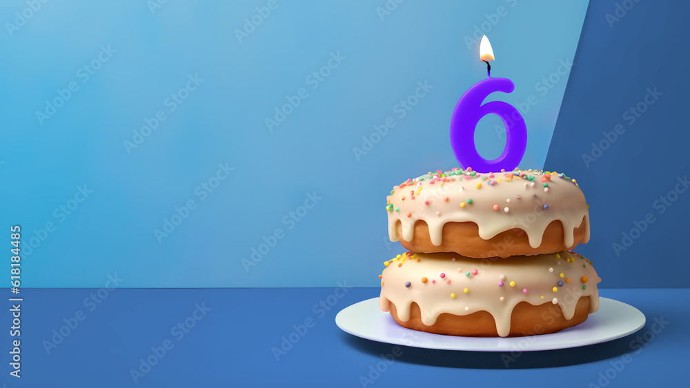 6th years birthday cake on isolated colorful pastel background. Generative Ai. - obrazy, fototapety, plakaty 