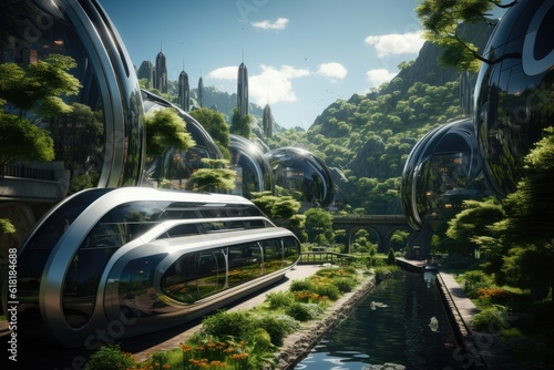 Eco city of the future, futuristic clean lots of greenery, ai