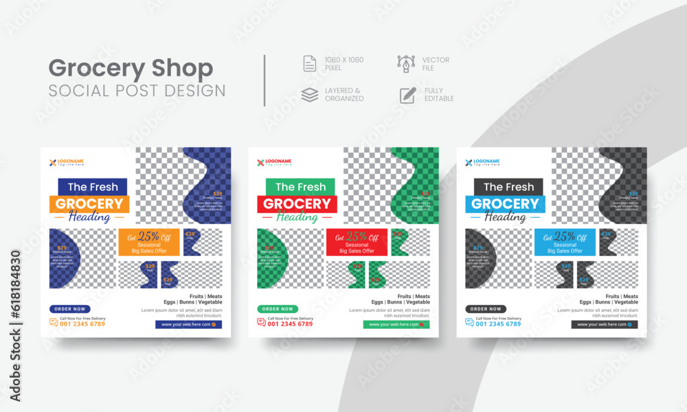 Effective grocery shop social media post for supermarket commercial marketing. Elegant grocery business social web banner easy to use layout template. Vol - 23